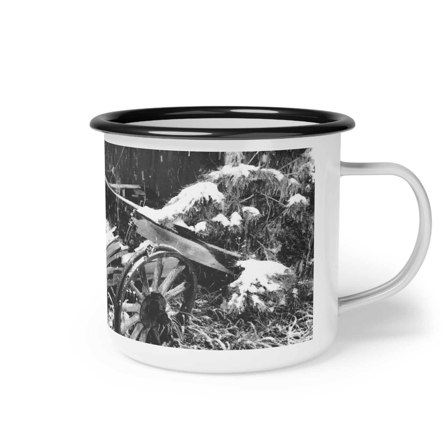 Enamel Camp Cup ... How Things Were Done 'A Long Time Ago' ... Wheel-Wagon & Snow