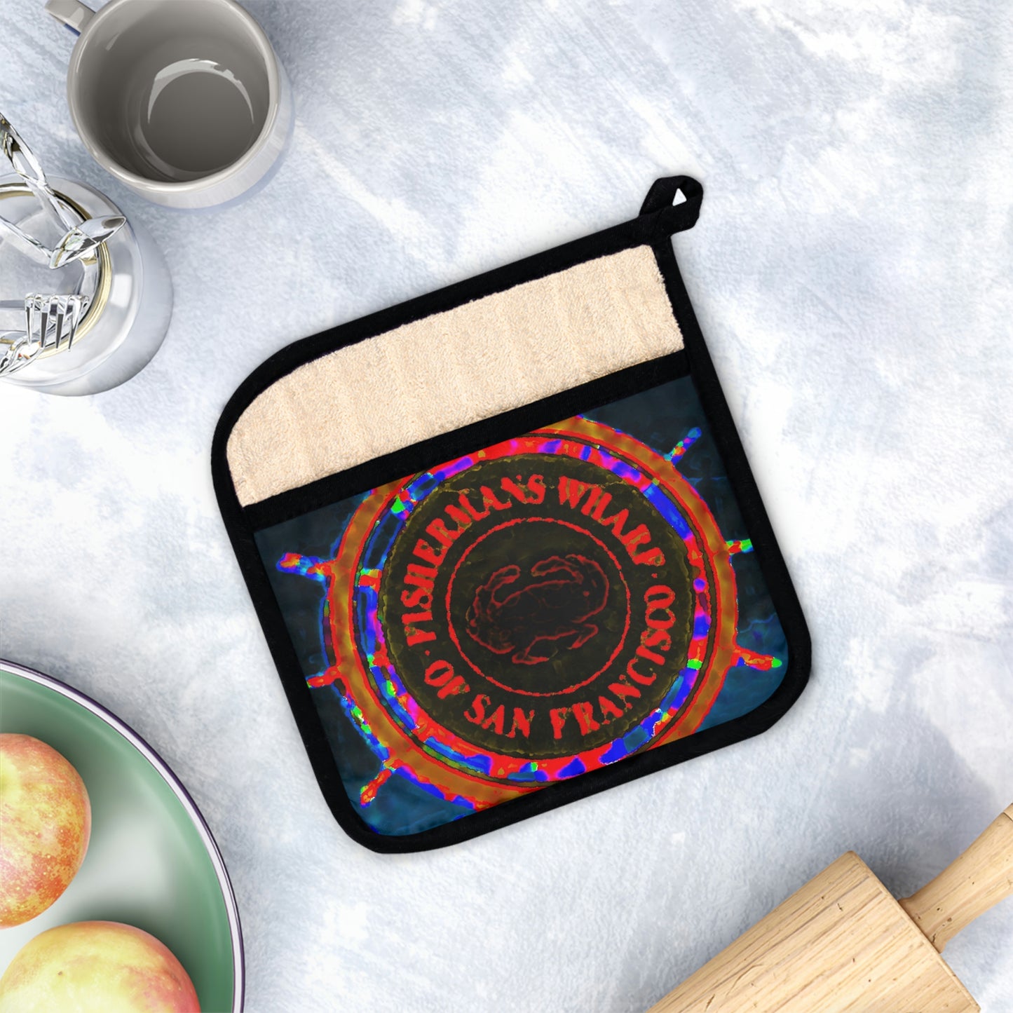 Pot Holder with Pocket ... "No.9 Fishermen's Grotto - Fishermen's Wharf, SF, California" ... Family Archives: 1970's ... Original Works ...