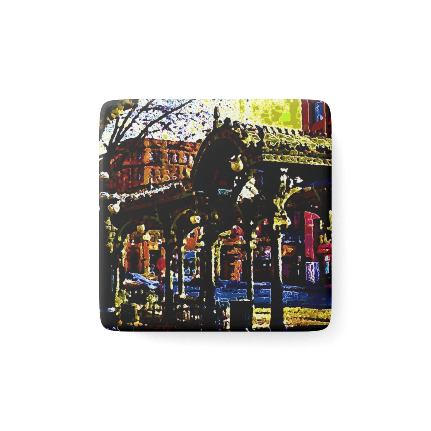 Porcelain Magnet, Square ... A Very Fine Place To Meet ... To Catch The Bus ... 'To Find A Friend' .. Just-To-Hangout ... Dr FJHolt Base Photo ... Original Works ...