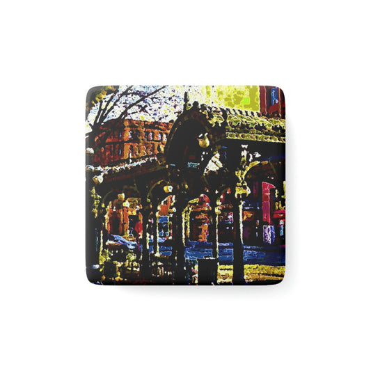 Porcelain Magnet, Square ... A Very Fine Place To Meet ... To Catch The Bus ... 'To Find A Friend' .. Just-To-Hangout ... Dr FJHolt Base Photo ... Original Works ...