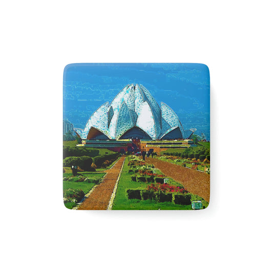 Porcelain Magnet, Square ... 'Bahai'i House-Of-Worship' ... "Lotus Temple: Delhi, India, 2008" ... Original Works ...
