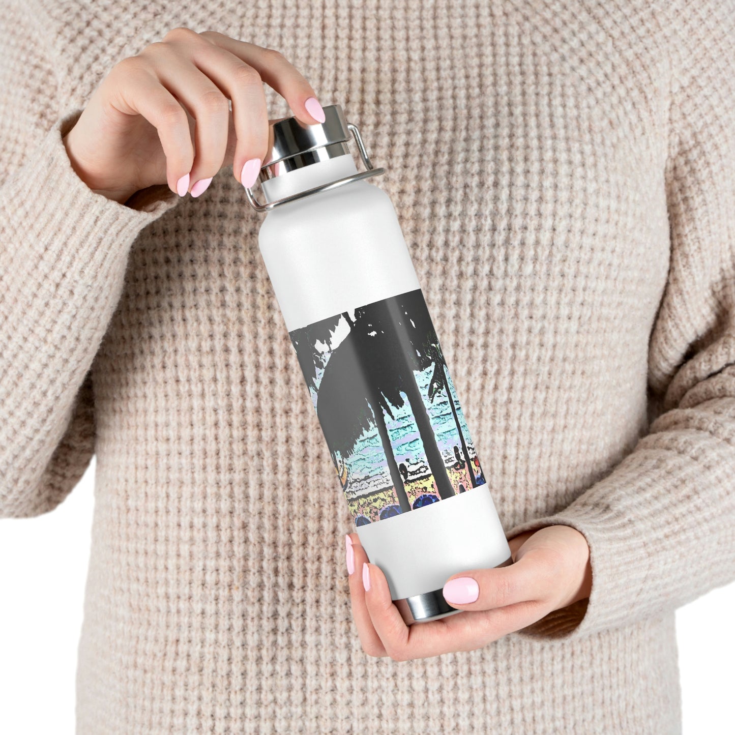 Copper Vacuum Insulated Bottle, 22oz ... "A Beautiful Beach Amongst The Palms" ... The Outrigger Waikiki, Honolulu, Oahu ... Original Works ...
