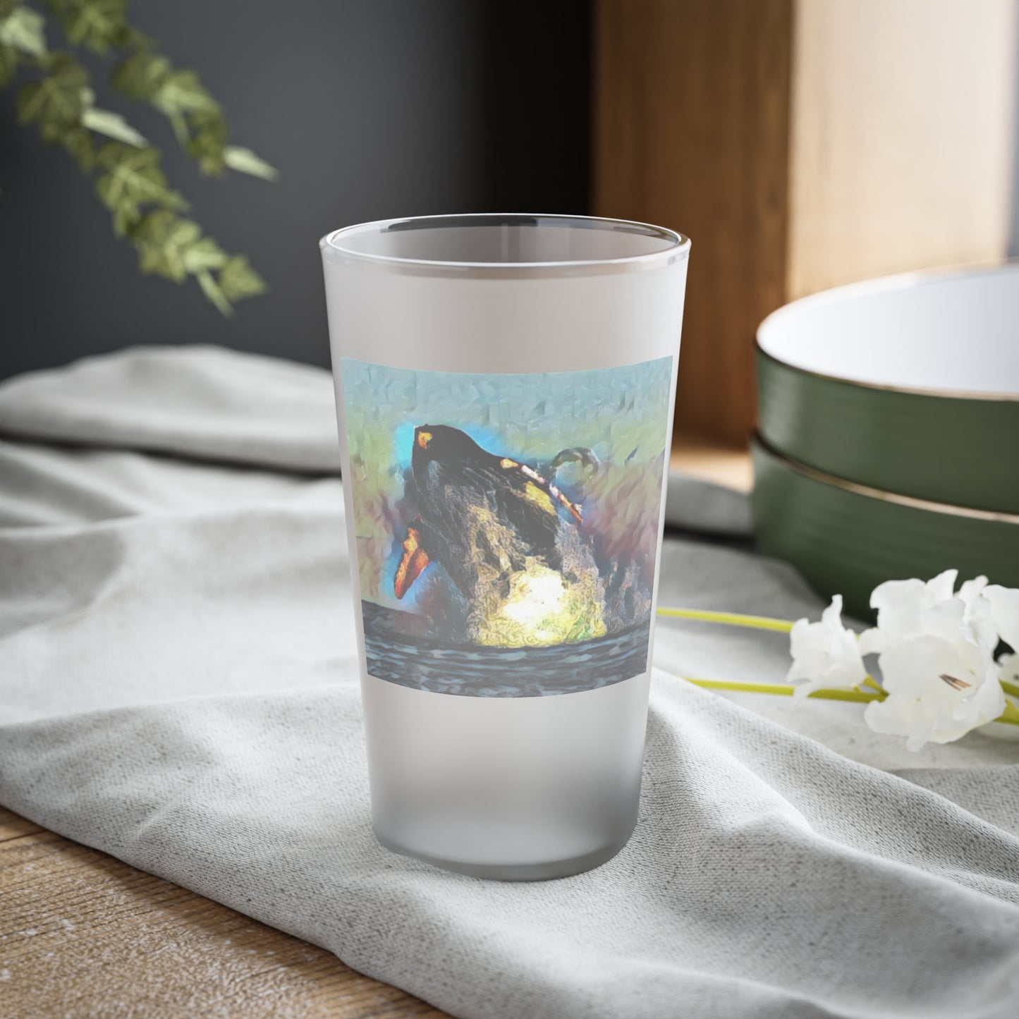 Frosted Pint Glass, 16oz ... An Extraordinary Humpback Breach ... 'With Explosive Energy' ... Family Archives (KPH) ... Circa: 21st Century. Maui, HI ... Original Works ...