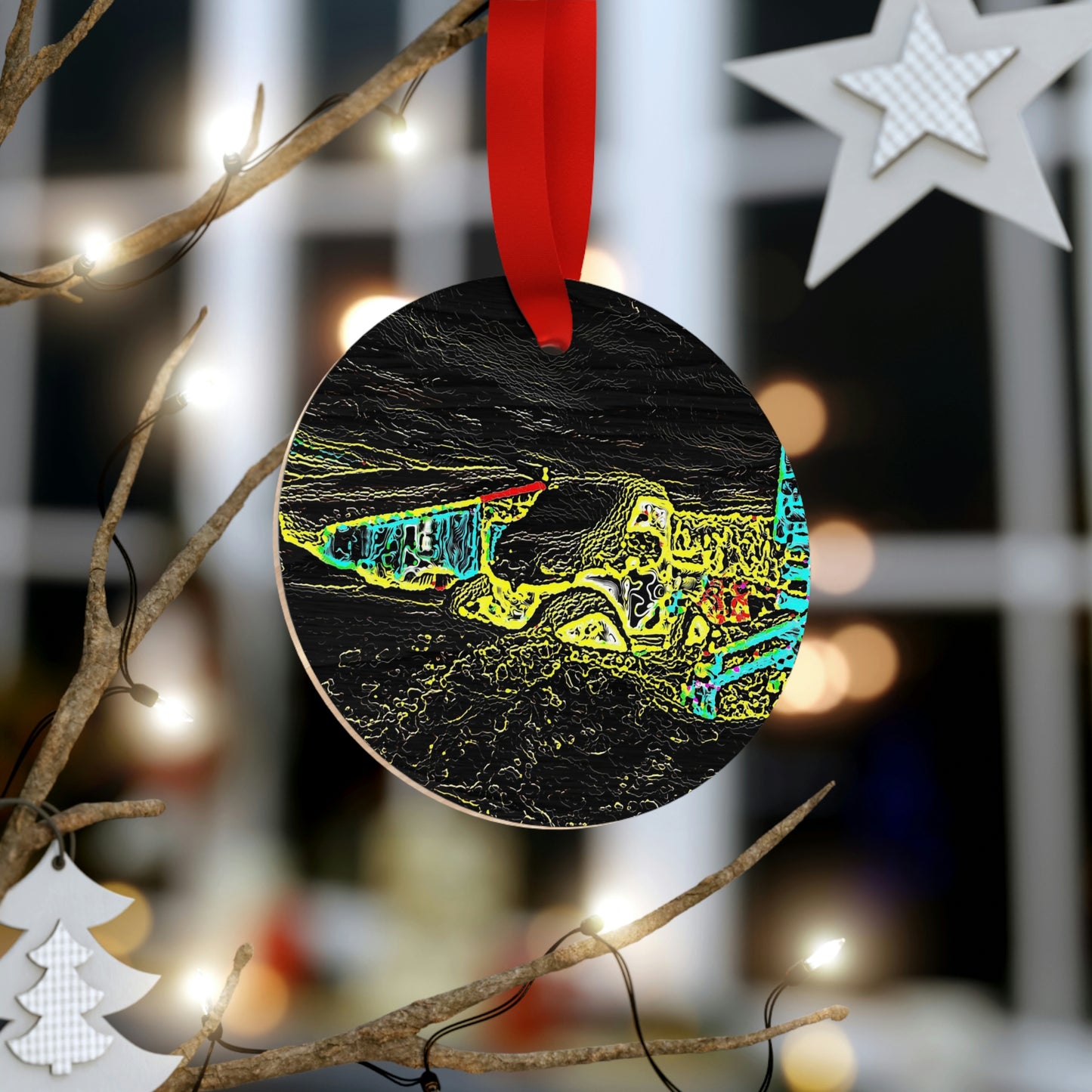 Plywood Ornaments (Round, Berlin) ... "Snow Vehicle In Snow Storm At-Rest" ... Circa 12Mar23 ... Central Idaho ... 18-Hours Rendering Time: Original Works ...