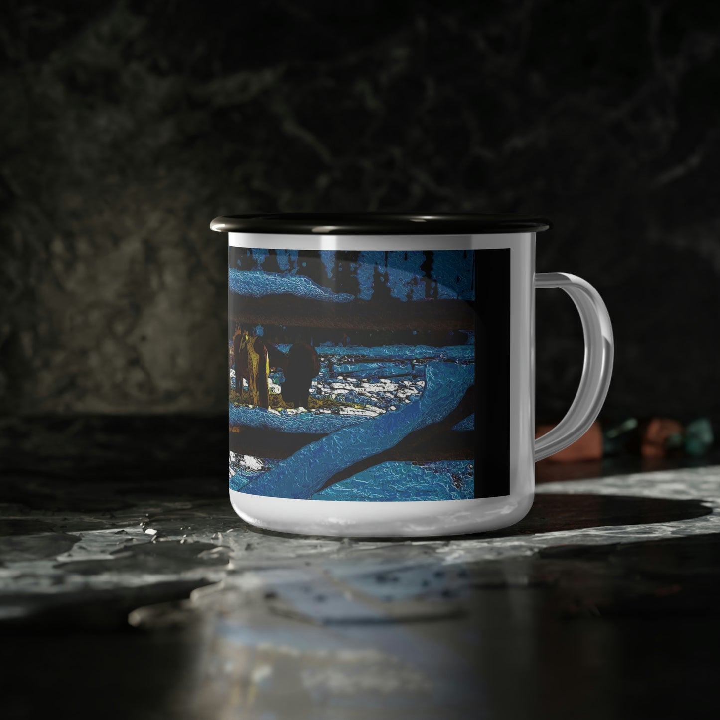 Enamel Camp Cup ... "Horses In Their Winter Corral" Dixie, Idaho
