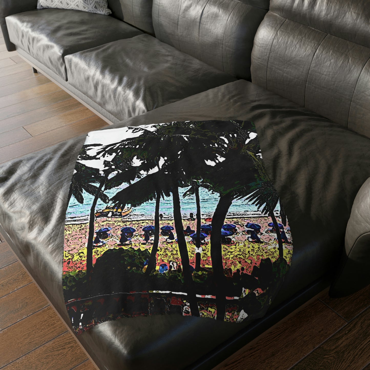 Velveteen Minky Blanket (Two-sided print) ... "A Beautiful Beach Amongst The Palms" ... The Outrigger Waikiki, Honolulu, Oahu ... Original Works ...