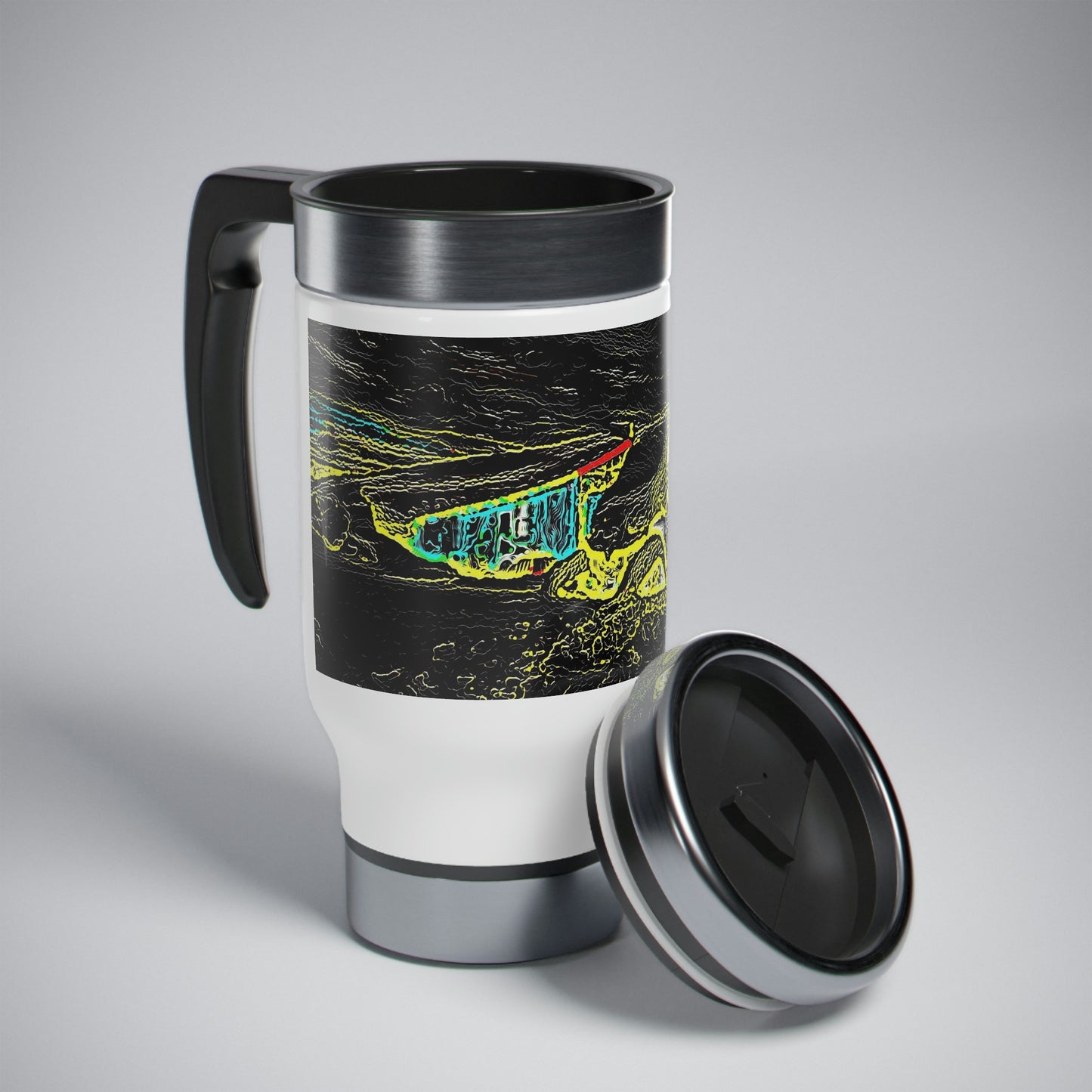 Stainless Steel Travel Mug with Handle, 14oz ... "Snow Vehicle In Snow Storm At-Rest" ... Circa 12Mar23 ... Central Idaho ... 18-Hours Rendering Time: Original Works ...