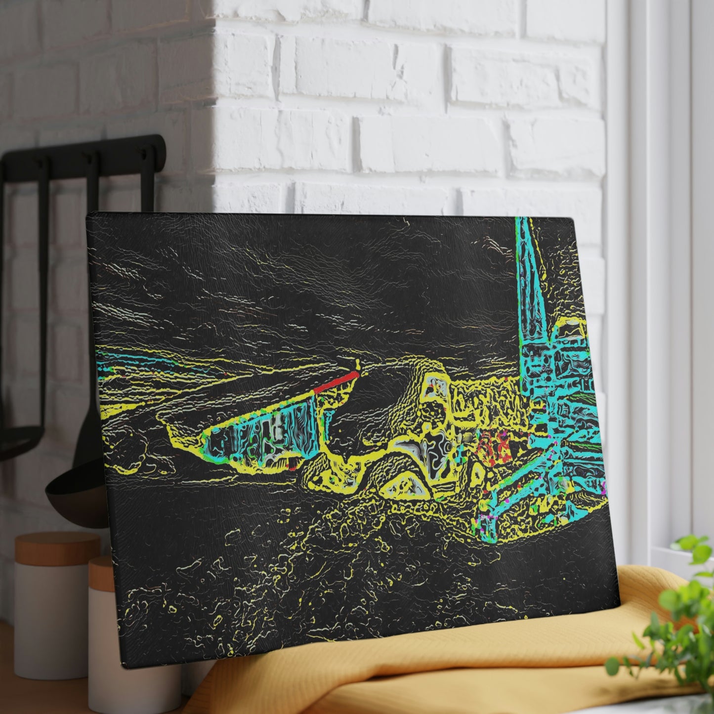 Glass Cutting Board ... "Snow Vehicle In Snow Storm At-Rest" ... Circa 12Mar23 ... Central Idaho ... 18-Hours Rendering Time: Original Works ...