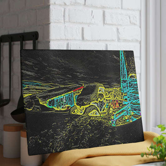 Glass Cutting Board ... "Snow Vehicle In Snow Storm At-Rest" ... Circa 12Mar23 ... Central Idaho ... 18-Hours Rendering Time: Original Works ...