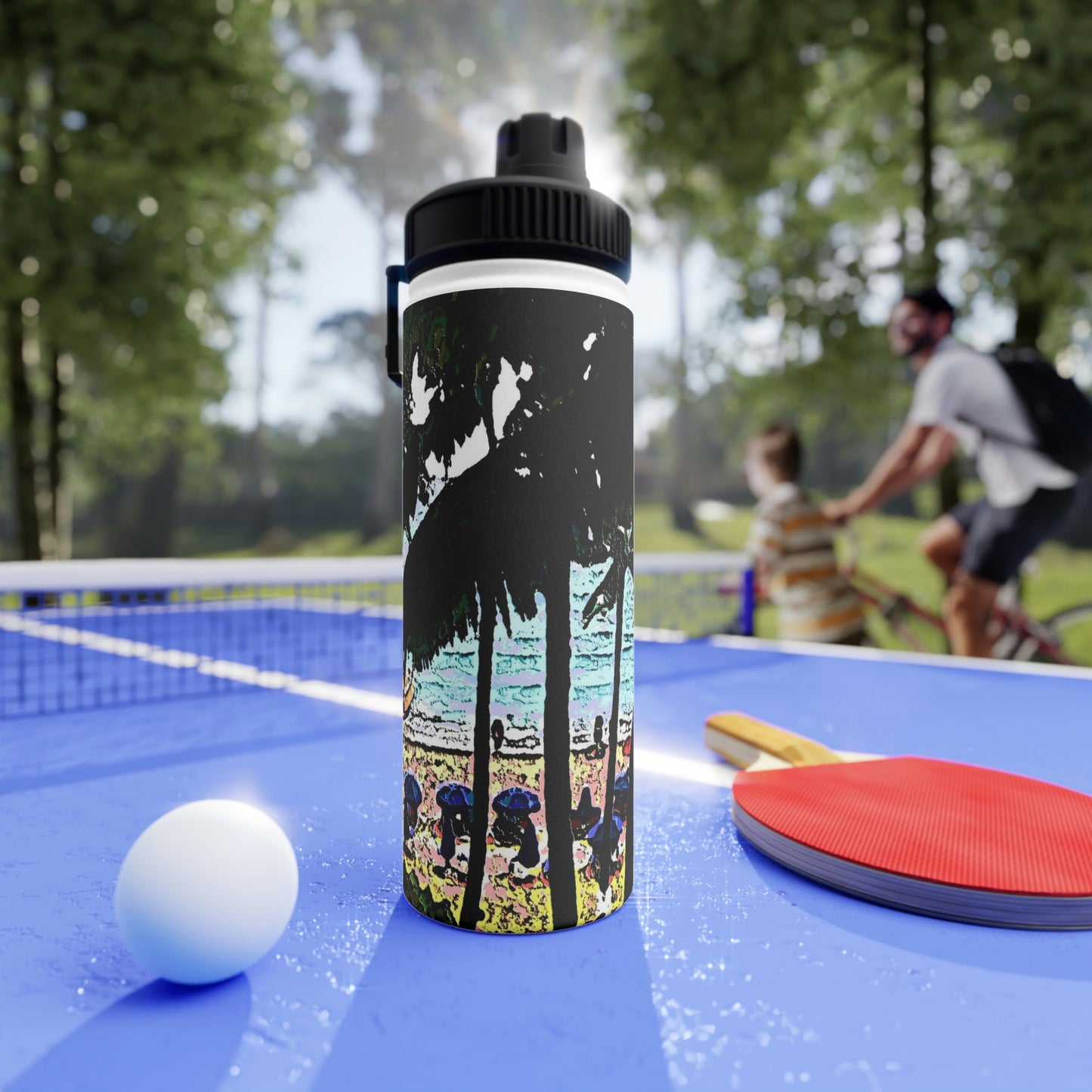 Stainless Steel Water Bottle, Sports Lid ... "A Beautiful Beach Amongst The Palms" ... The Outrigger Waikiki, Honolulu, Oahu ... Original Works ...