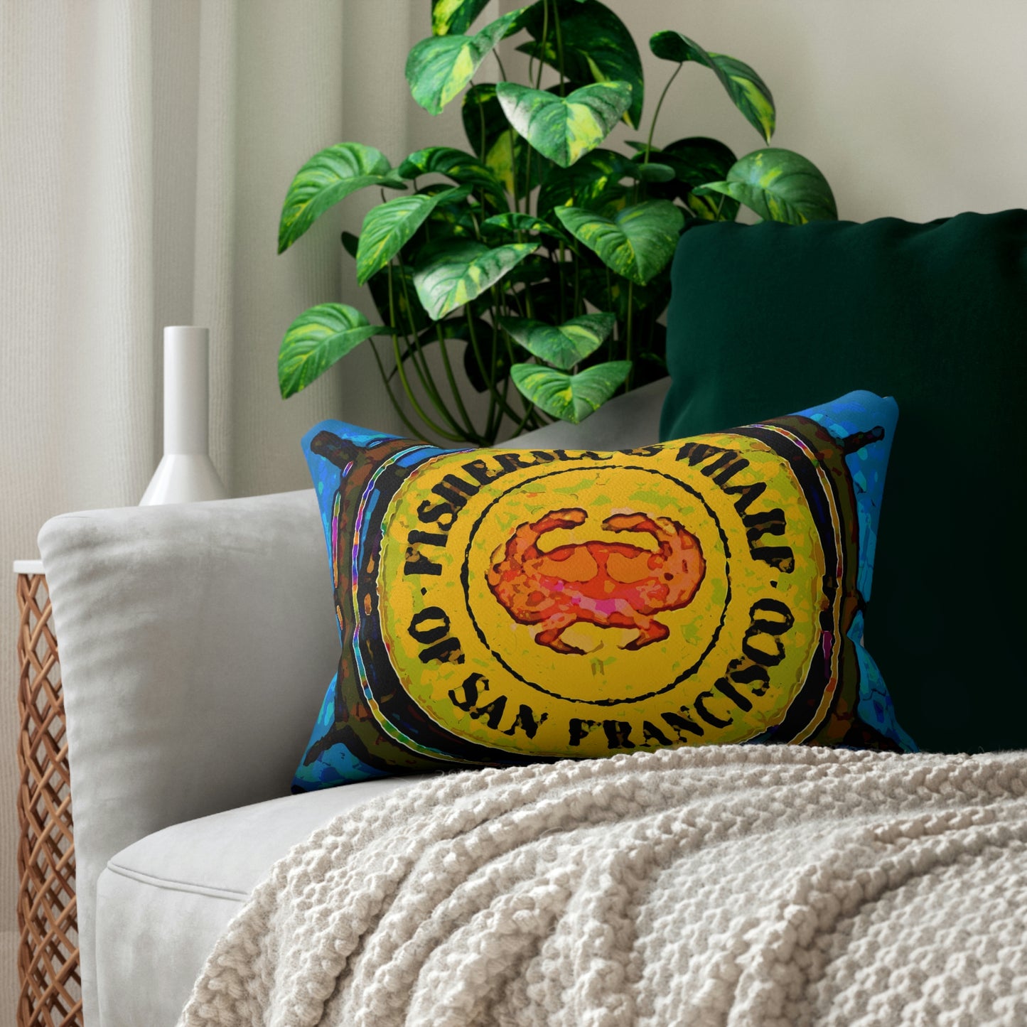 Spun Polyester Lumbar Pillow ... "No.9 Fishermen's Grotto - Fishermen's Wharf, SF, California" ... Family Archives: 1970's ... Original Works ...