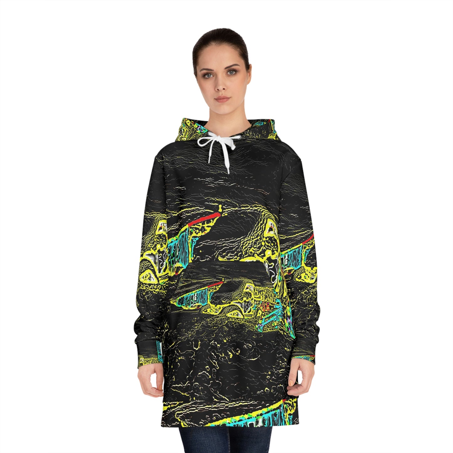 Women's Hoodie Dress (AOP) ... "Snow Vehicle In Snow Storm At-Rest" ... Circa 12Mar23 ... Central Idaho ... 18-Hours Rendering Time: Original Works ...
