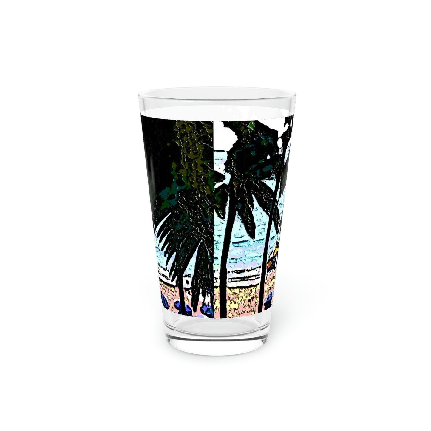 Pint Glass, 16oz ... "A Beautiful Beach Amongst The Palms" ... The Outrigger Waikiki, Honolulu, Oahu ... Original Works ...
