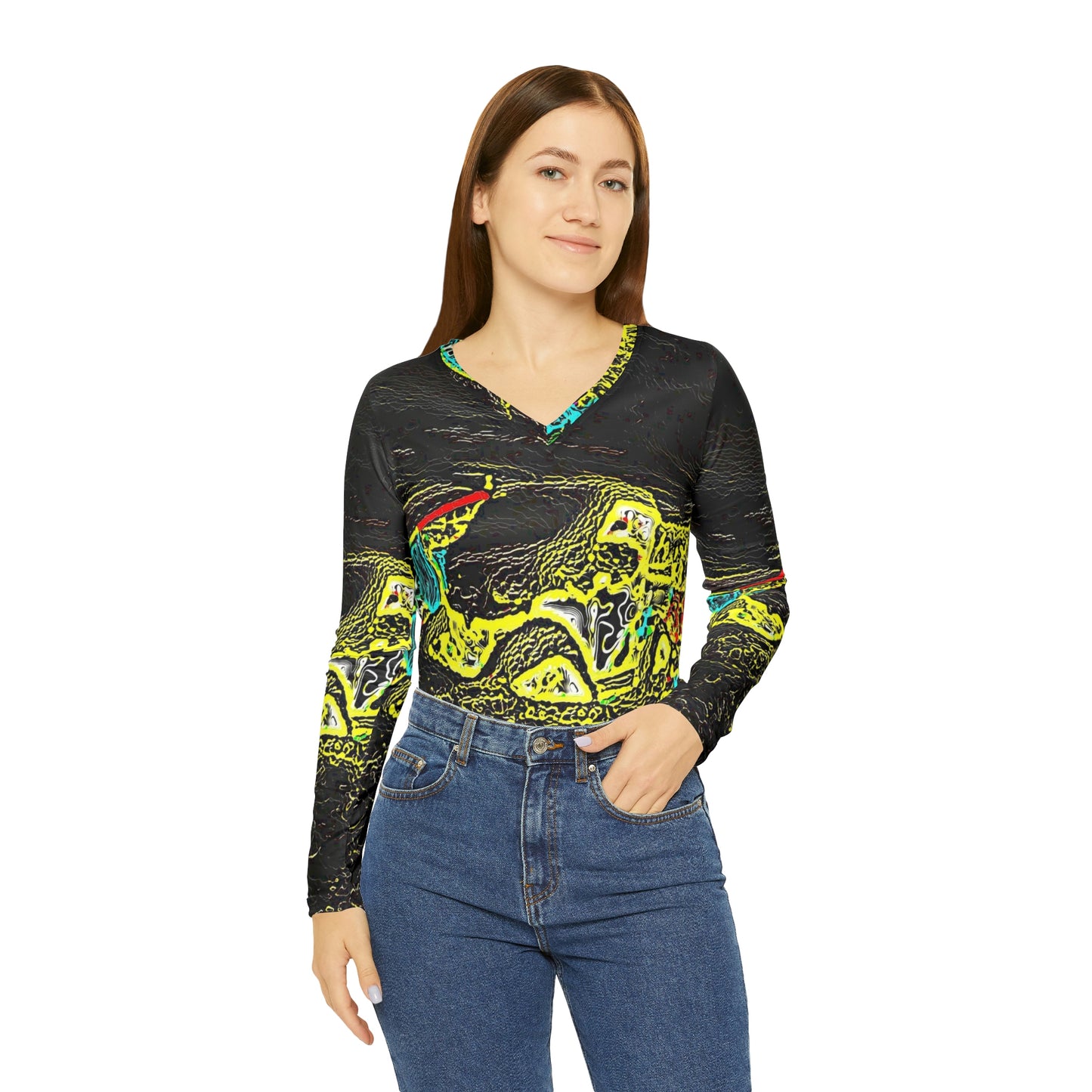 Women's Long Sleeve V-neck Shirt (AOP) ... "Snow Vehicle In Snow Storm At-Rest" ... Circa 12Mar23 ... Central Idaho ... 18-Hours Rendering Time: Original Works ...