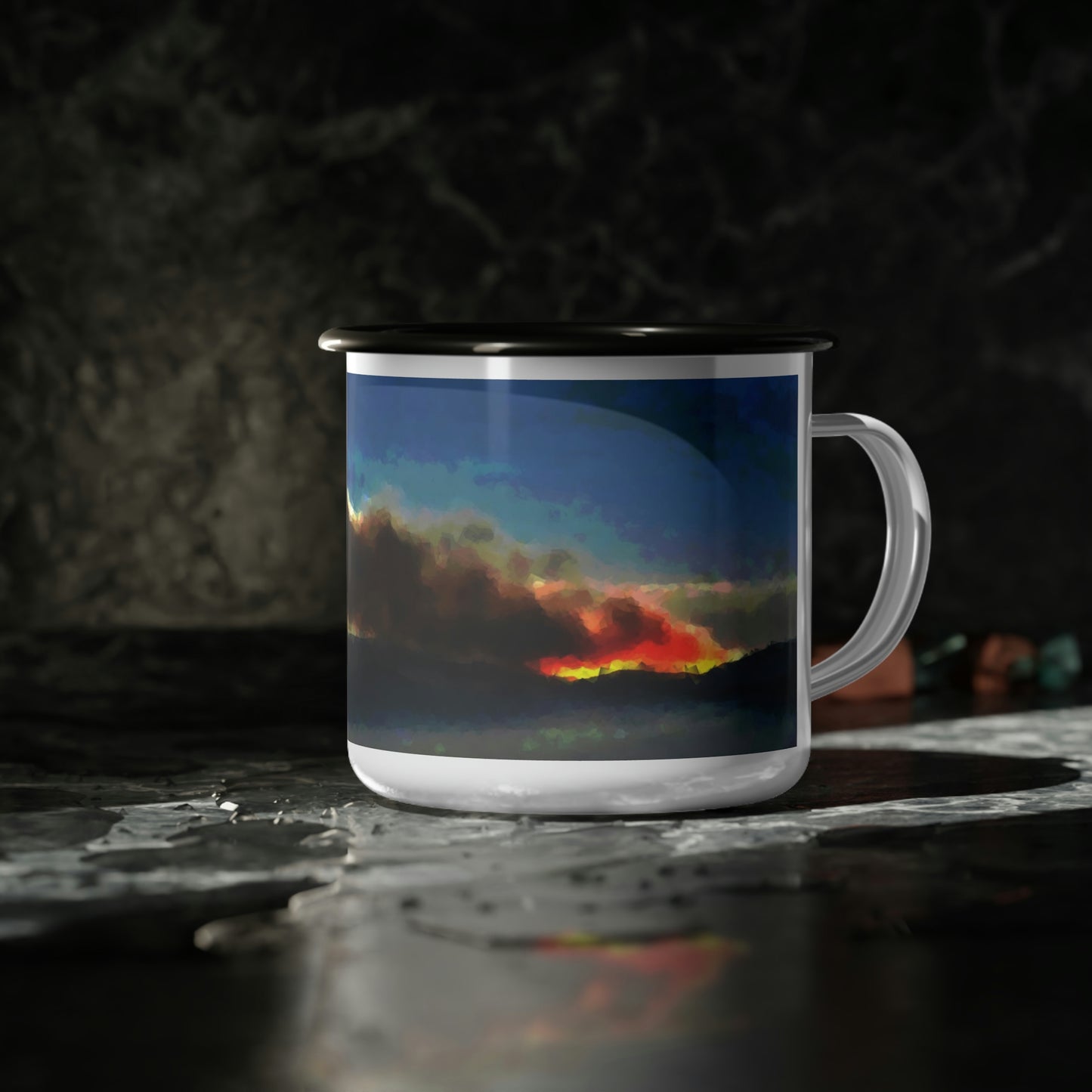 Enamel Camp Cup ... "Fire ... Fire -On-The-Mountain ... Fire ... Fire-On-The-Mountain."