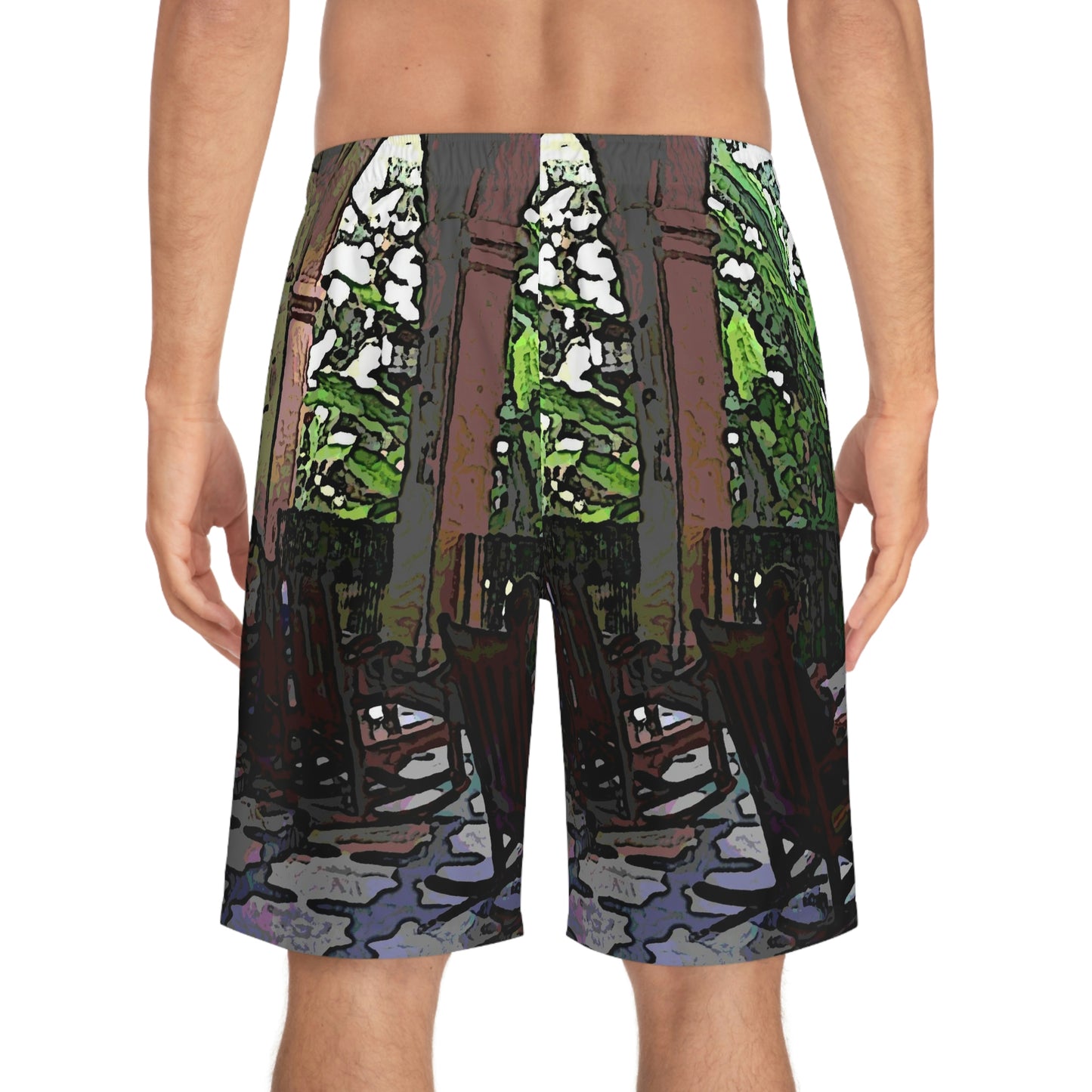 Men's Board Shorts (AOP) ... Lanai & Rocking Chairs At: 'The Pink Palace' ... The Royal Hawai'ian ... Honolulu, HI ... '27Oct2014' ... Original Works ...