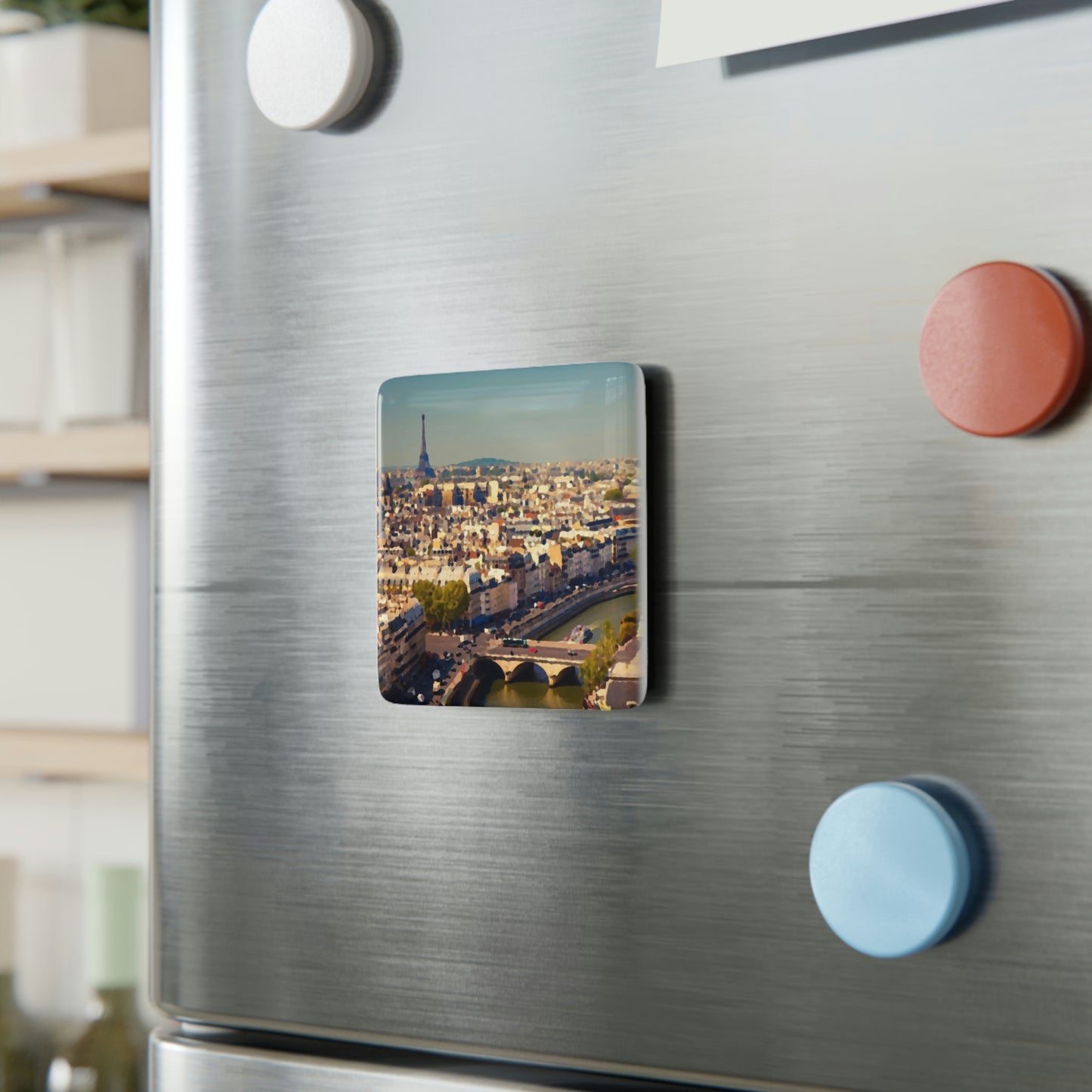Porcelain Magnet, Square ... Au Paris ... "Along The River Seine" ... Barbara Joan Bonnell-Holt: 1972 ... Original Works ...