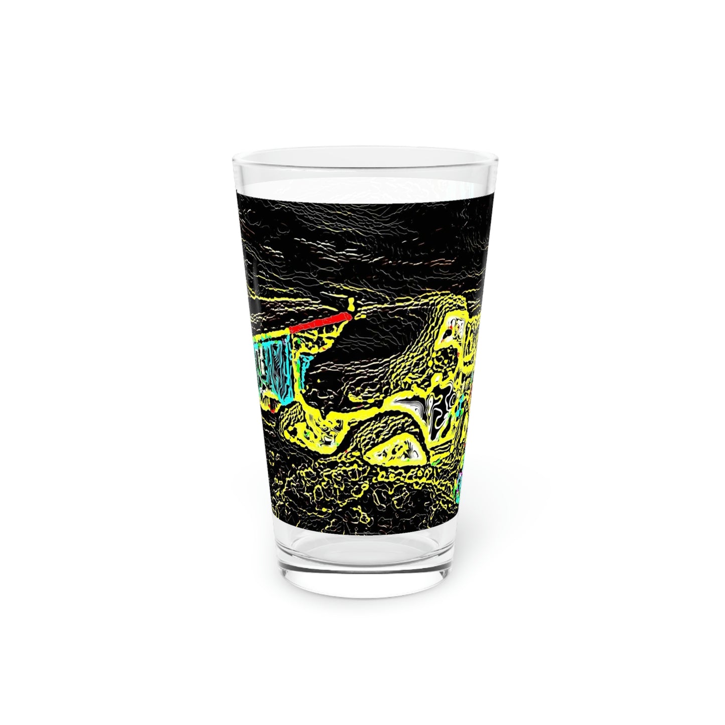Pint Glass, 16oz ... "Snow Vehicle In Snow Storm At-Rest" ... Circa 12Mar23 ... Central Idaho ... 18-Hours Rendering Time: Original Works ...