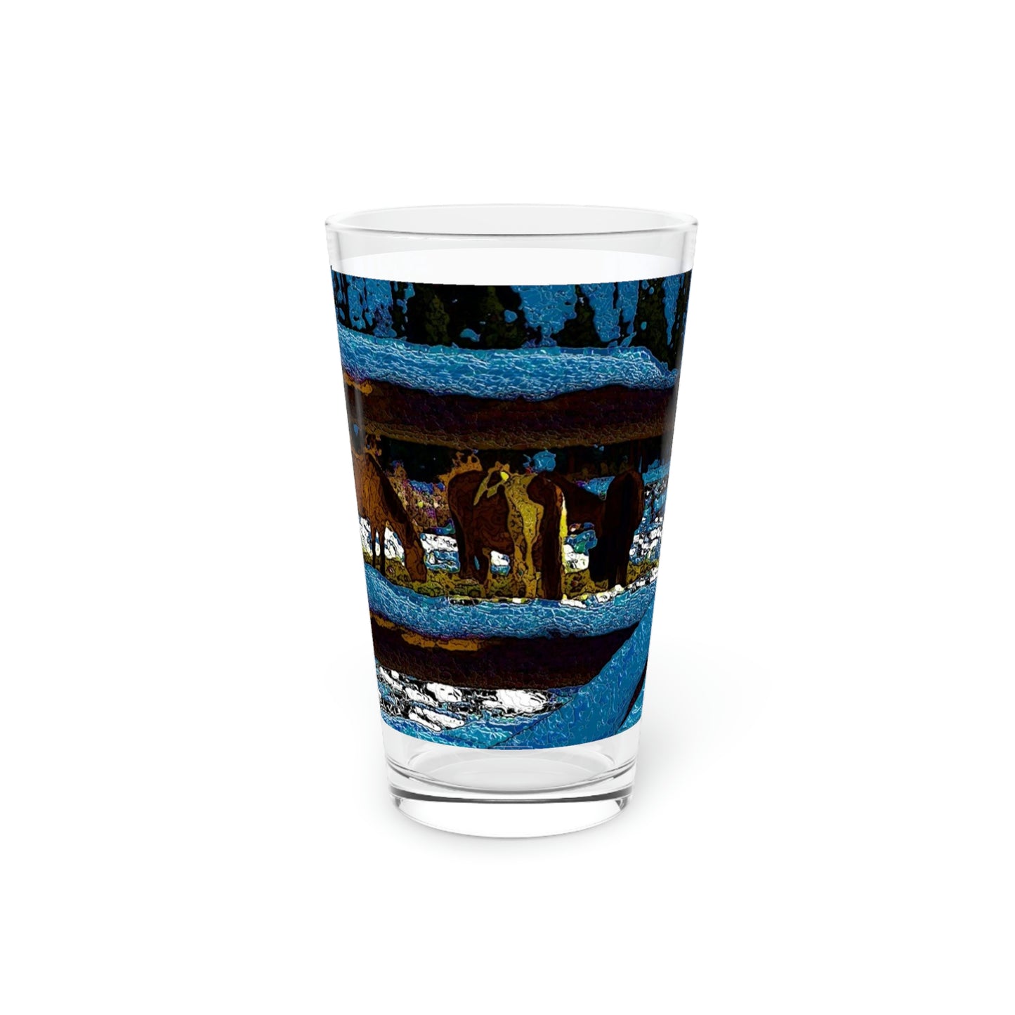 Pint Glass, 16oz ... A Horse ... A Saddle ...  Foraging Through The Snow ...  An_Asses 'Cry' ... Central Idaho, November 2022 ...  Original Works ...