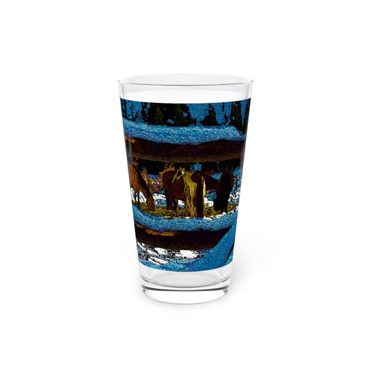 Pint Glass, 16oz ... A Horse ... A Saddle ...  Foraging Through The Snow ...  An_Asses 'Cry' ... Central Idaho, November 2022 ...  Original Works ...