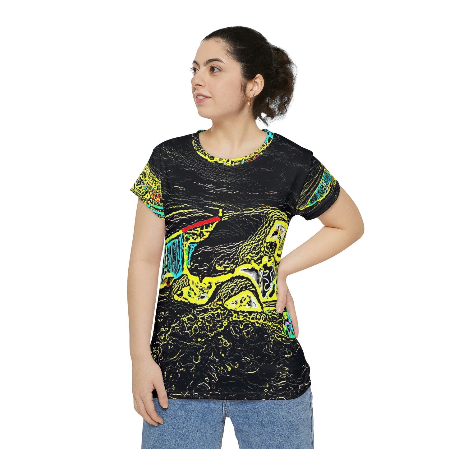 Women's Short Sleeve Shirt (AOP) ... "Snow Vehicle In Snow Storm At-Rest" ... Circa 12Mar23 ... Central Idaho ... 18-Hours Rendering Time: Original Works ...