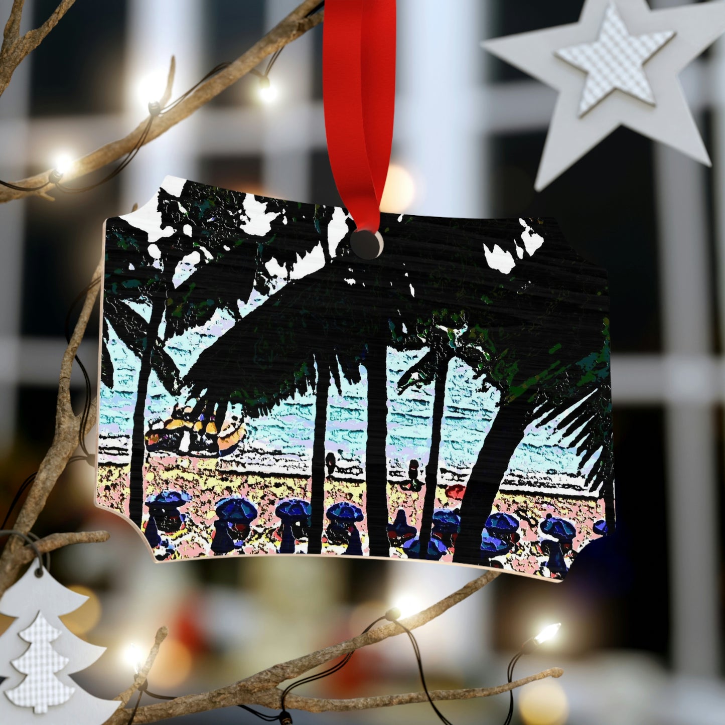 Plywood Ornaments (Round, Berlin) ...  "A Beautiful Beach Amongst The Palms" ... The Outrigger Waikiki, Honolulu, Oahu ... Original Works ...