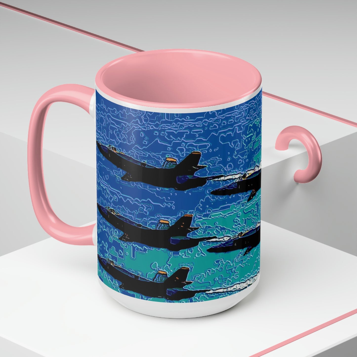 Two-Tone Coffee Mugs, 15oz ... Seattle Seafair ..."Blue Angels Run Over Lake Washington" ... Circa Mid 1980's ... Dr FJ Holt ... Original Works ...