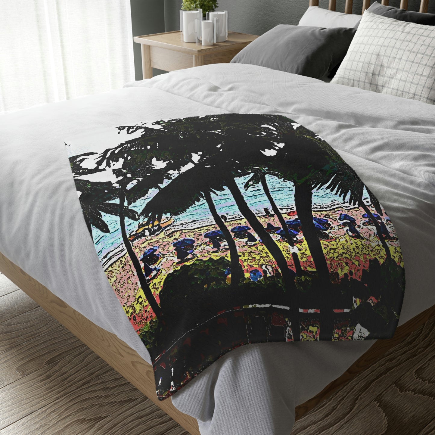 Velveteen Minky Blanket (Two-sided print) ... "A Beautiful Beach Amongst The Palms" ... The Outrigger Waikiki, Honolulu, Oahu ... Original Works ...