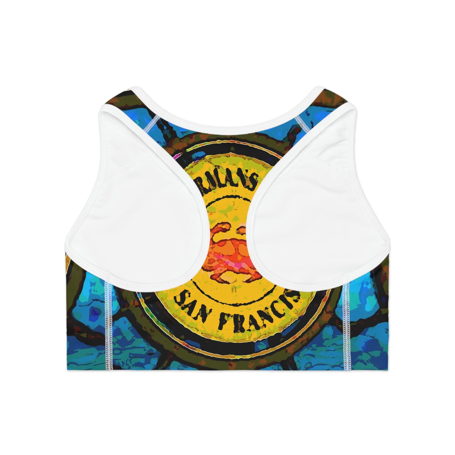 Sports Bra (AOP) ...  "No.9 Fishermen's Grotto - Fishermen's Wharf, SF, California" ... Family Archives: 1970's ... Original Works ...