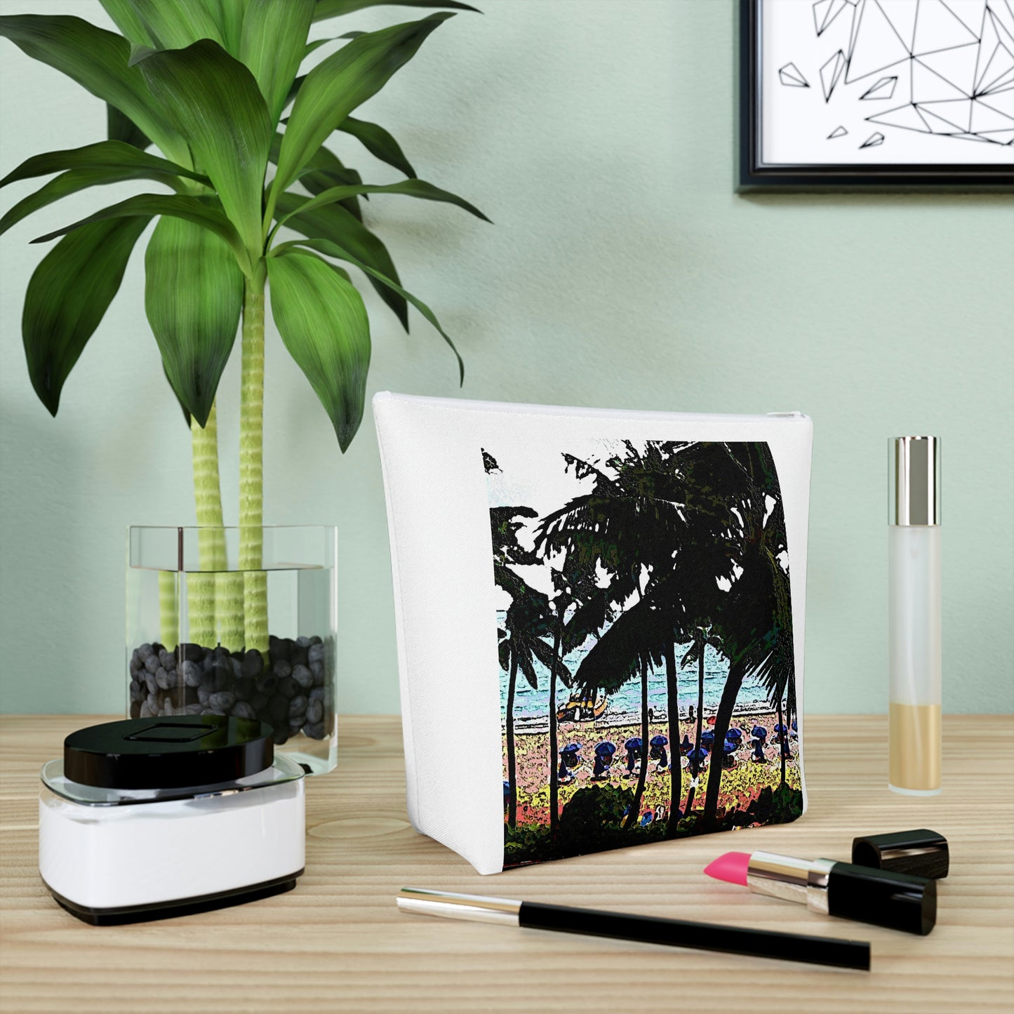 Cotton Cosmetic Bag ... "A Beautiful Beach Amongst The Palms" ... The Outrigger Waikiki, Honolulu, Oahu ... Original Works ...