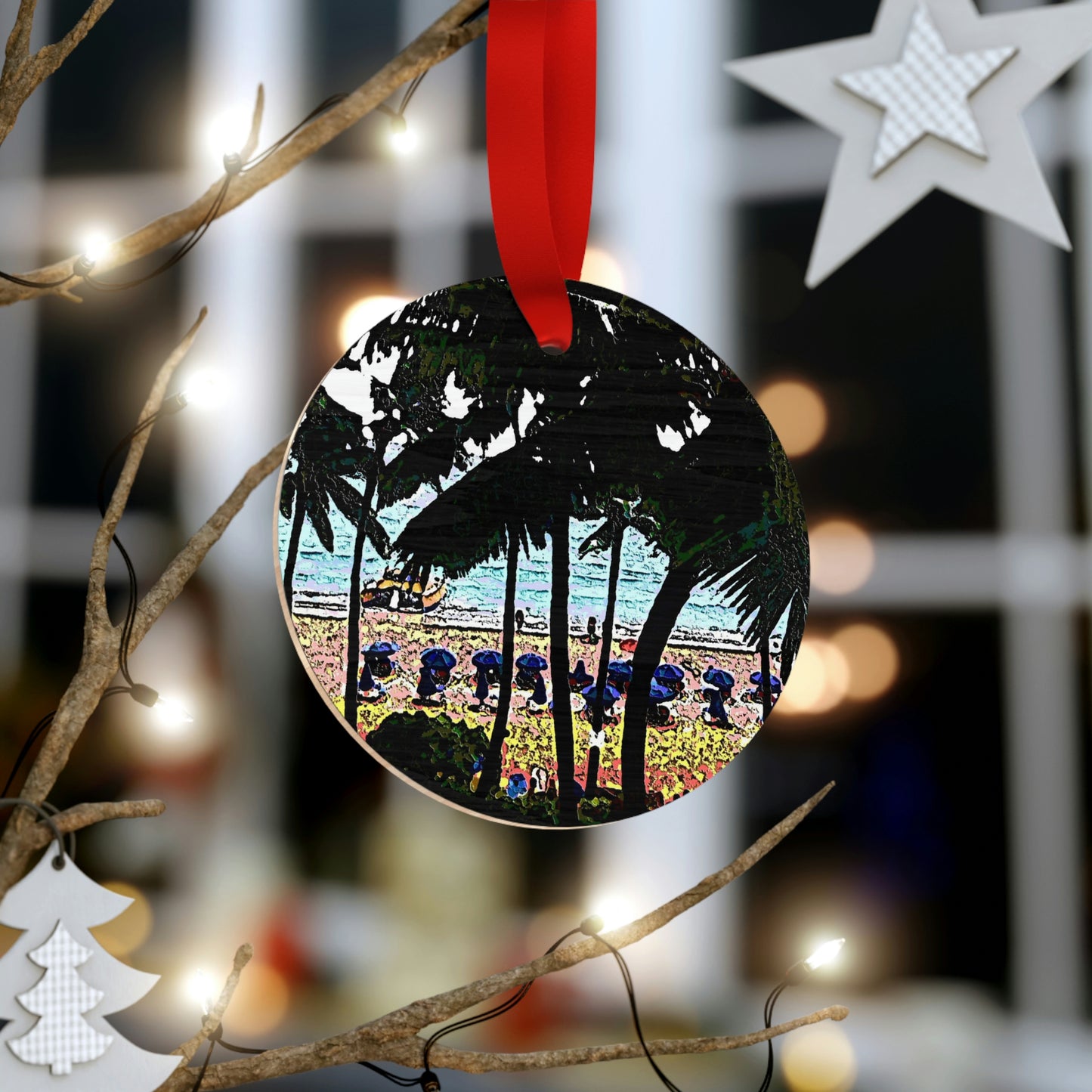 Plywood Ornaments (Round, Berlin) ...  "A Beautiful Beach Amongst The Palms" ... The Outrigger Waikiki, Honolulu, Oahu ... Original Works ...
