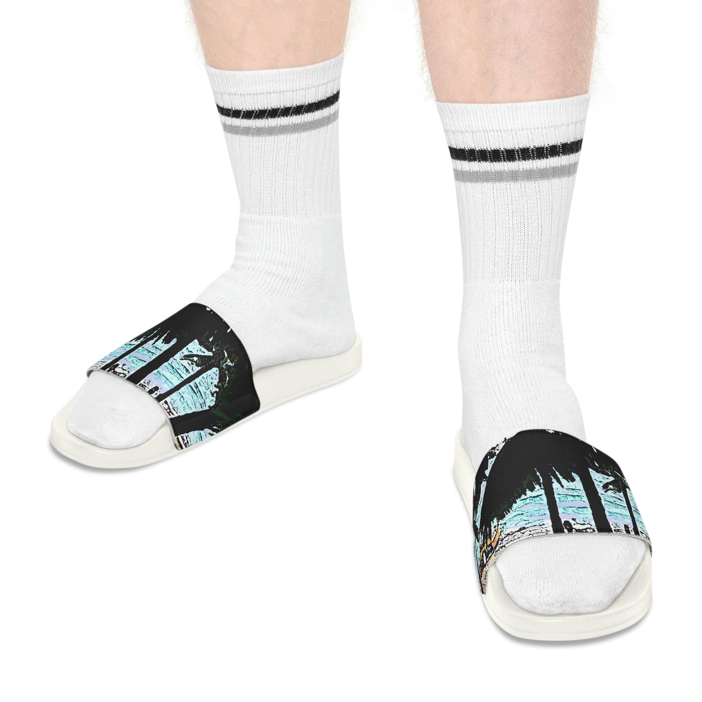 Men's Slide Sandals ...  "A Beautiful Beach Amongst The Palms" ... The Outrigger Waikiki, Honolulu, Oahu ... Original Works ...