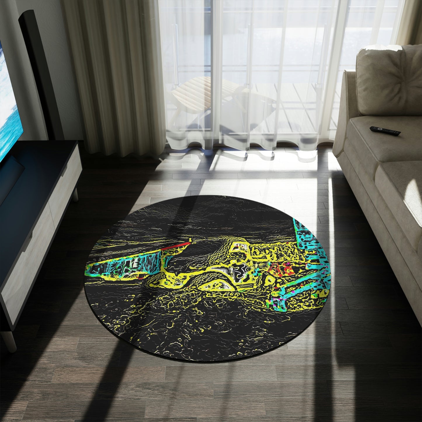 Round Rug ... "Snow Vehicle In Snow Storm At-Rest" ... Circa 12Mar23 ... Central Idaho ... 18-Hours Rendering Time: Original Works ...