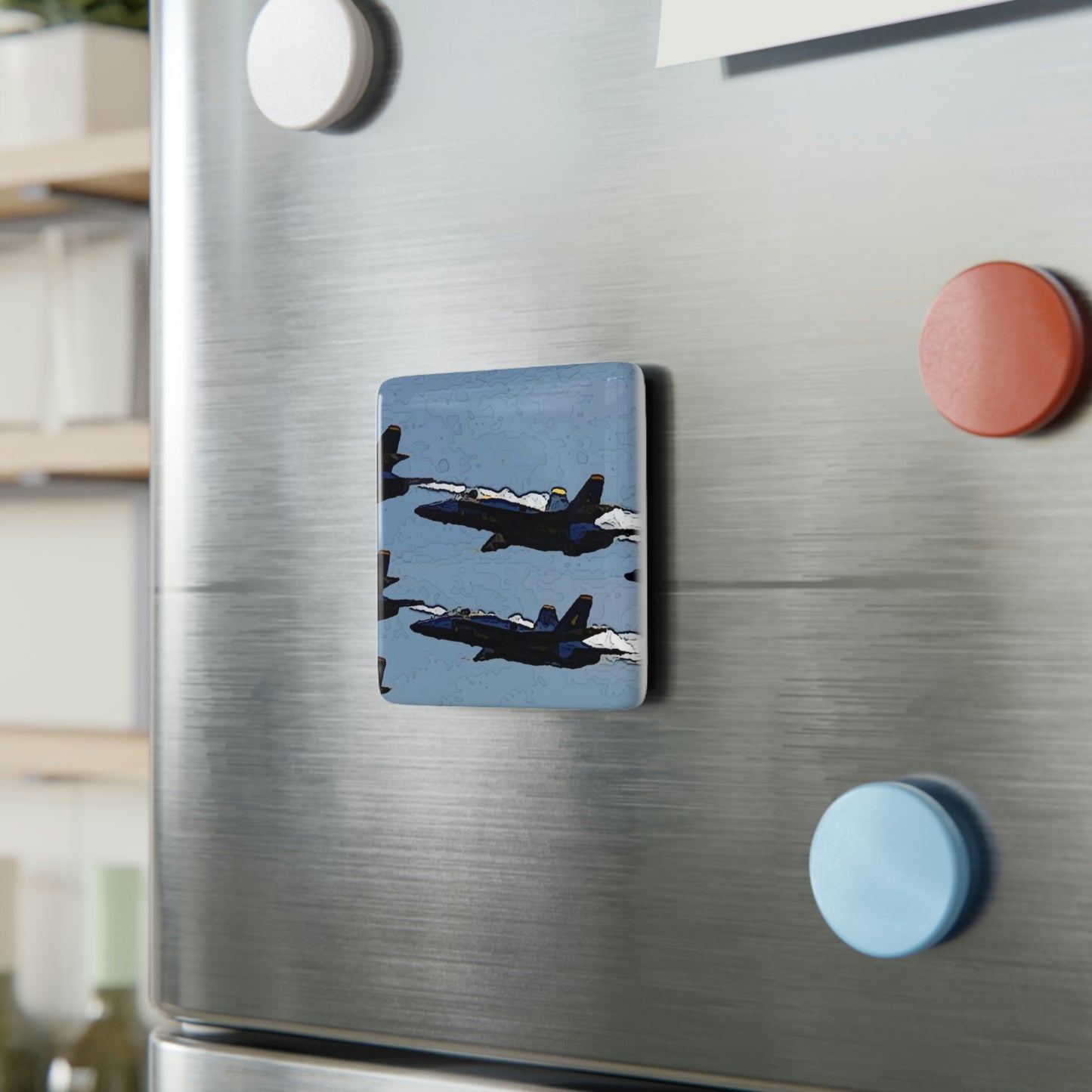 Porcelain Magnet, Square ... Seattle Seafair ..."Blue Angels Run Over Lake Washington" ... Circa Mid 1980's ... Dr FJ Holt ... Original Works ...