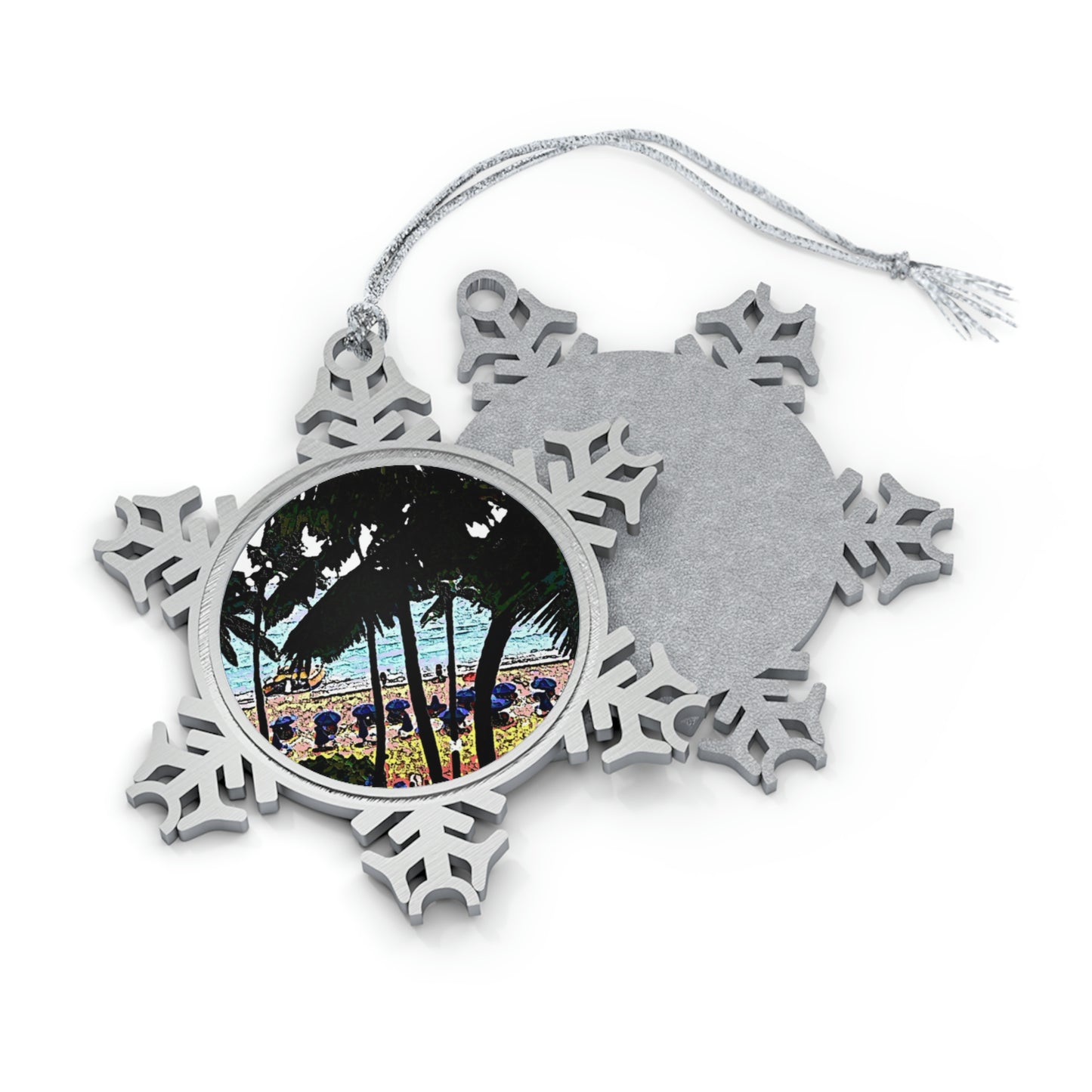 Pewter Snowflake Ornament ... "A Beautiful Beach Amongst The Palms" ... The Outrigger Waikiki, Honolulu, Oahu ... Original Works ...