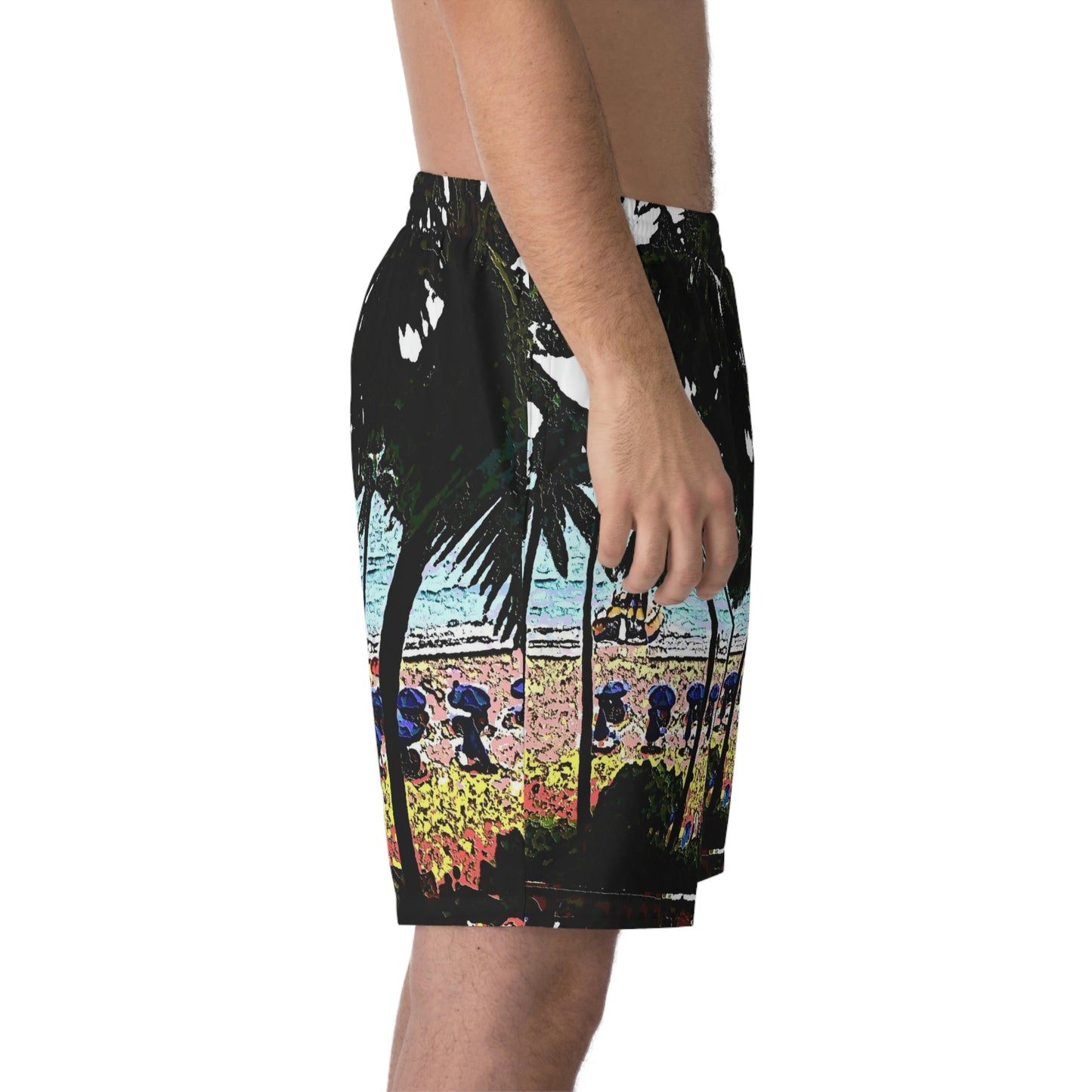 Men's Elastic Beach Shorts (AOP) ...  "A Beautiful Beach Amongst The Palms" ... The Outrigger Waikiki, Honolulu, Oahu ... Original Works ...