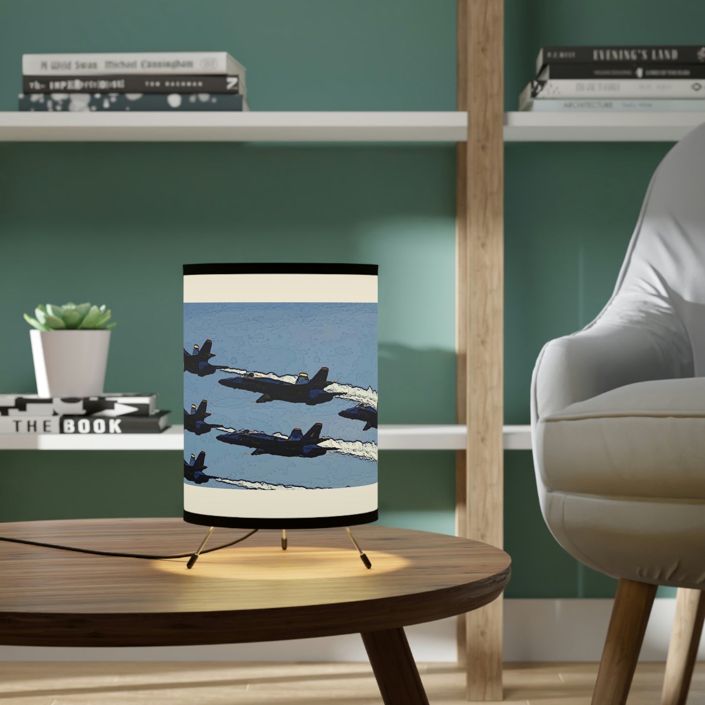 Tripod Lamp with High-Res Printed Shade, US\CA plug ... Seattle Seafair ..."Blue Angels Run Over Lake Washington" ... Circa Mid 1980's ... Dr FJ Holt ... Original Works ...