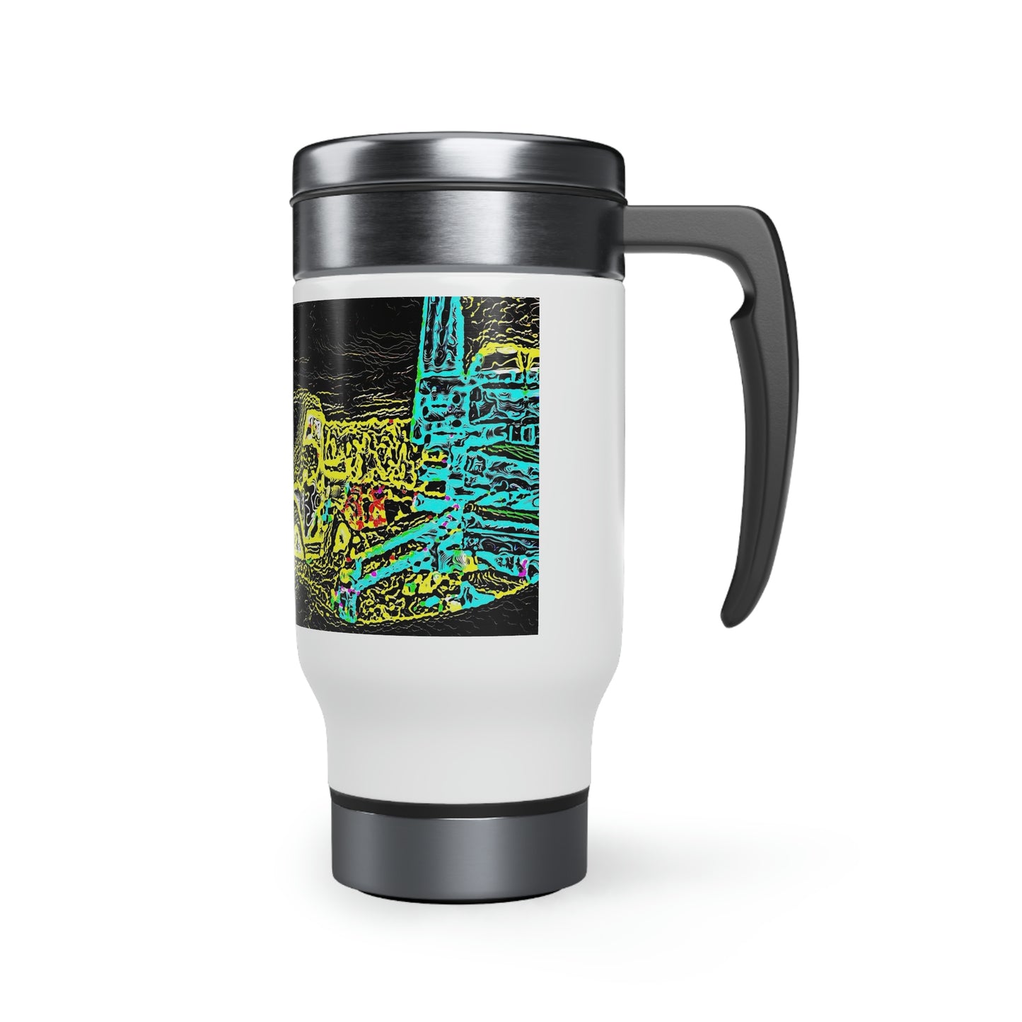 Stainless Steel Travel Mug with Handle, 14oz ... "Snow Vehicle In Snow Storm At-Rest" ... Circa 12Mar23 ... Central Idaho ... 18-Hours Rendering Time: Original Works ...