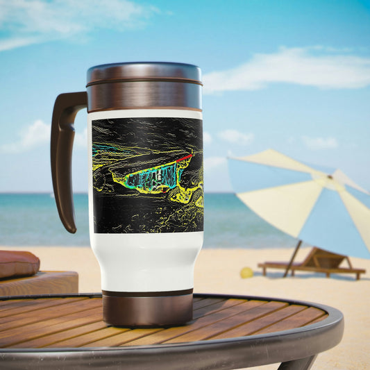 Stainless Steel Travel Mug with Handle, 14oz ... "Snow Vehicle In Snow Storm At-Rest" ... Circa 12Mar23 ... Central Idaho ... 18-Hours Rendering Time: Original Works ...