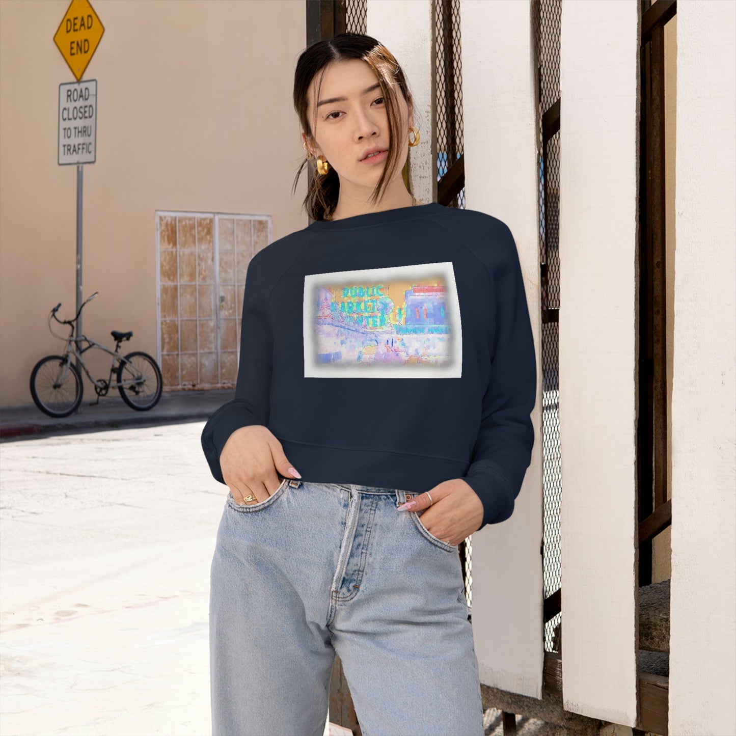 Women's Cropped Fleece Pullover ... PPM: Pike Place Market ... "Enjoying That Wrold Famous Hot Cup Of Maket Spice Tea" ...