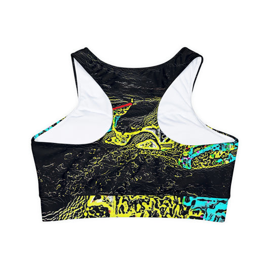 Fully Lined, Padded Sports Bra (AOP) ... "Snow Vehicle In Snow Storm At-Rest" ... Circa 12Mar23 ... Central Idaho ... 18-Hours Rendering Time: Original Works ...