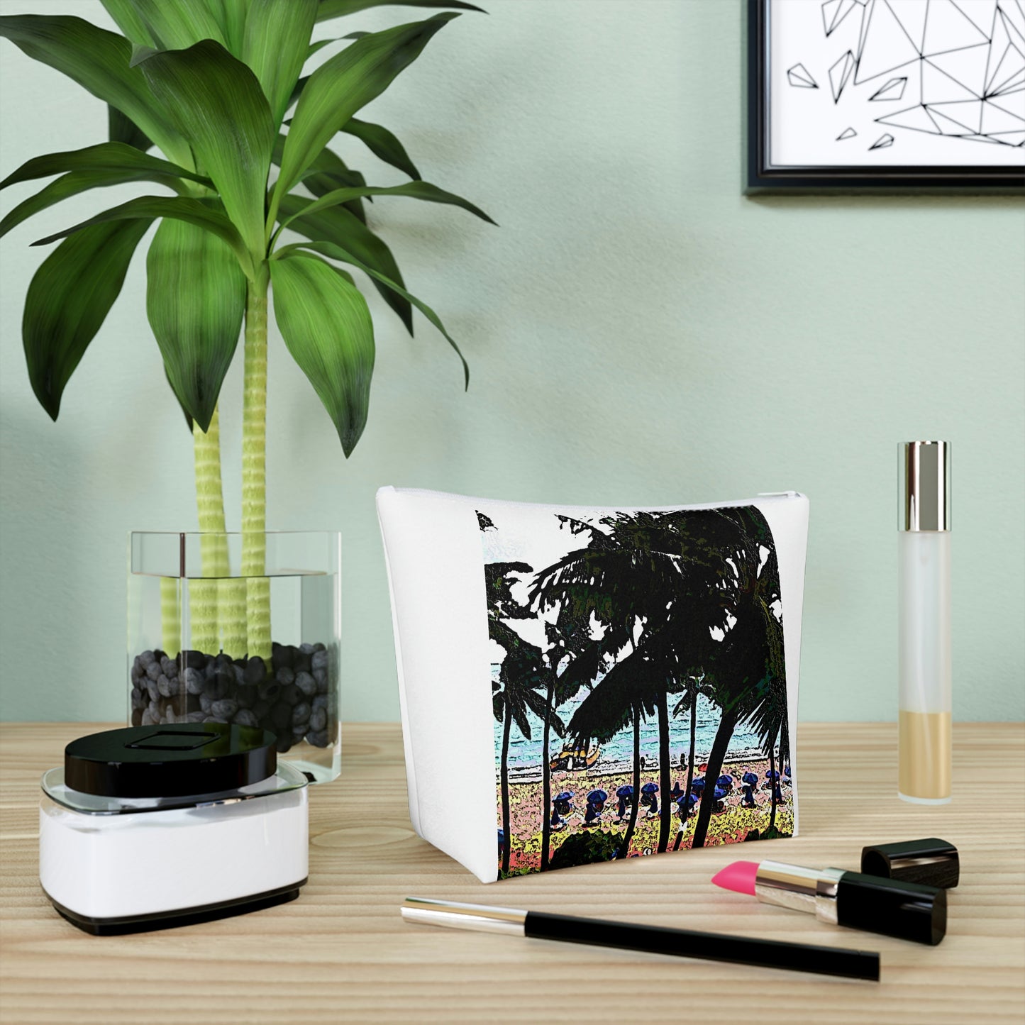 Cotton Cosmetic Bag ... "A Beautiful Beach Amongst The Palms" ... The Outrigger Waikiki, Honolulu, Oahu ... Original Works ...