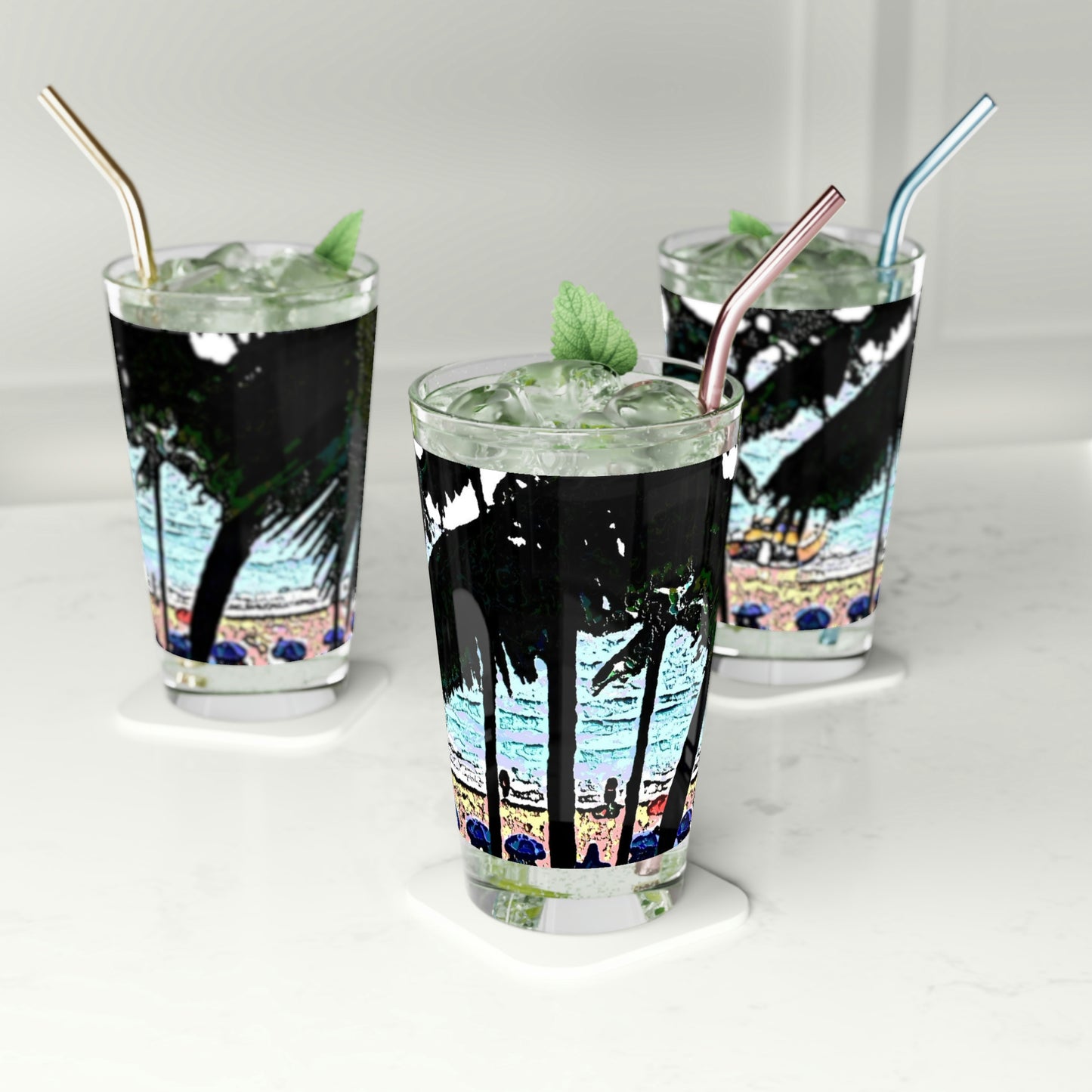 Pint Glass, 16oz ... "A Beautiful Beach Amongst The Palms" ... The Outrigger Waikiki, Honolulu, Oahu ... Original Works ...