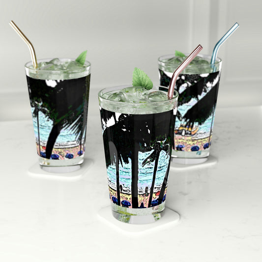 Pint Glass, 16oz ... "A Beautiful Beach Amongst The Palms" ... The Outrigger Waikiki, Honolulu, Oahu ... Original Works ...
