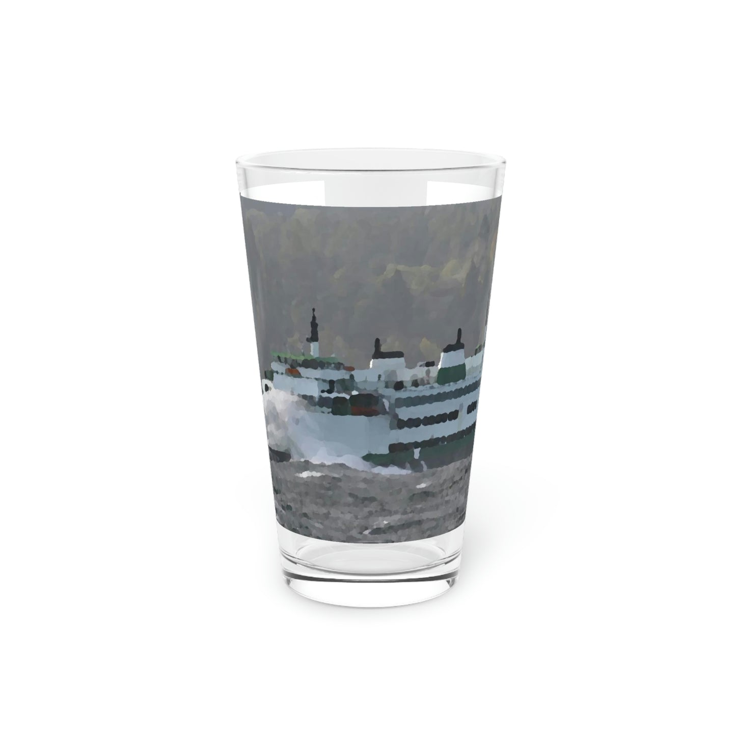 Pint Glass, 16oz ... WADOT Ferry Crossing ... "A Very Rough Day" ... Mulkiteo Route ... Family Archives ... Early 1990's' ... Original Works ...