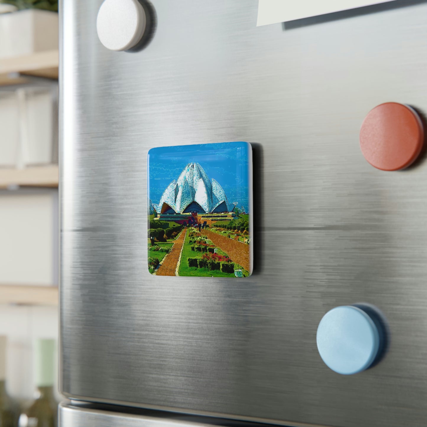 Porcelain Magnet, Square ... 'Bahai'i House-Of-Worship' ... "Lotus Temple: Delhi, India, 2008" ... Original Works ...