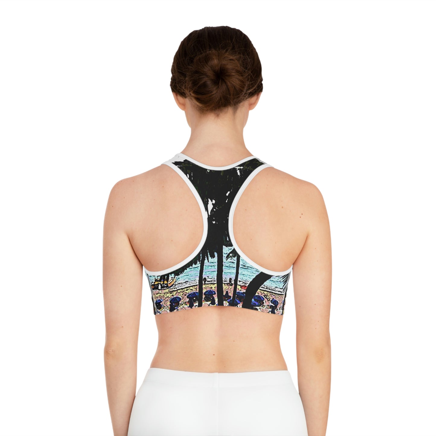 Sports Bra (AOP) ...  "A Beautiful Beach Amongst The Palms" ... The Outrigger Waikiki, Honolulu, Oahu ... Original Works ...