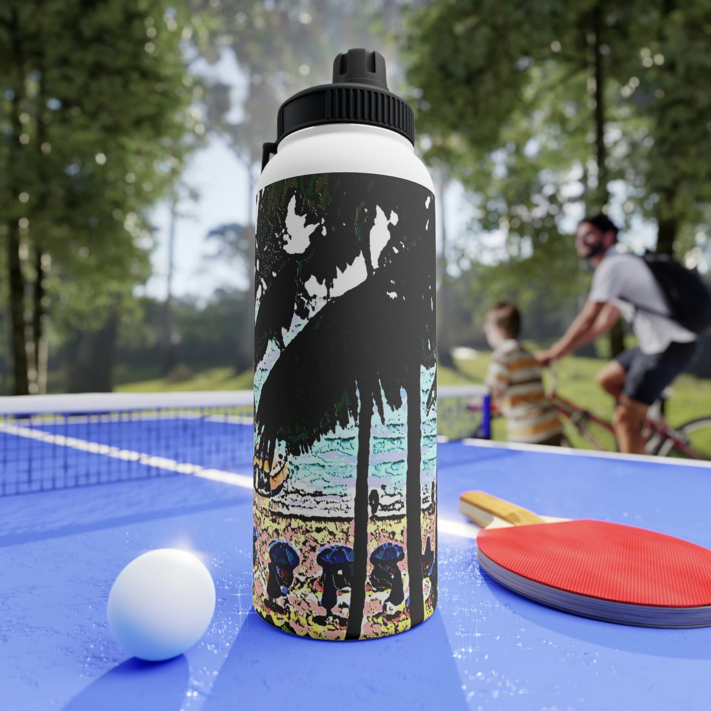 Stainless Steel Water Bottle, Sports Lid ... "A Beautiful Beach Amongst The Palms" ... The Outrigger Waikiki, Honolulu, Oahu ... Original Works ...