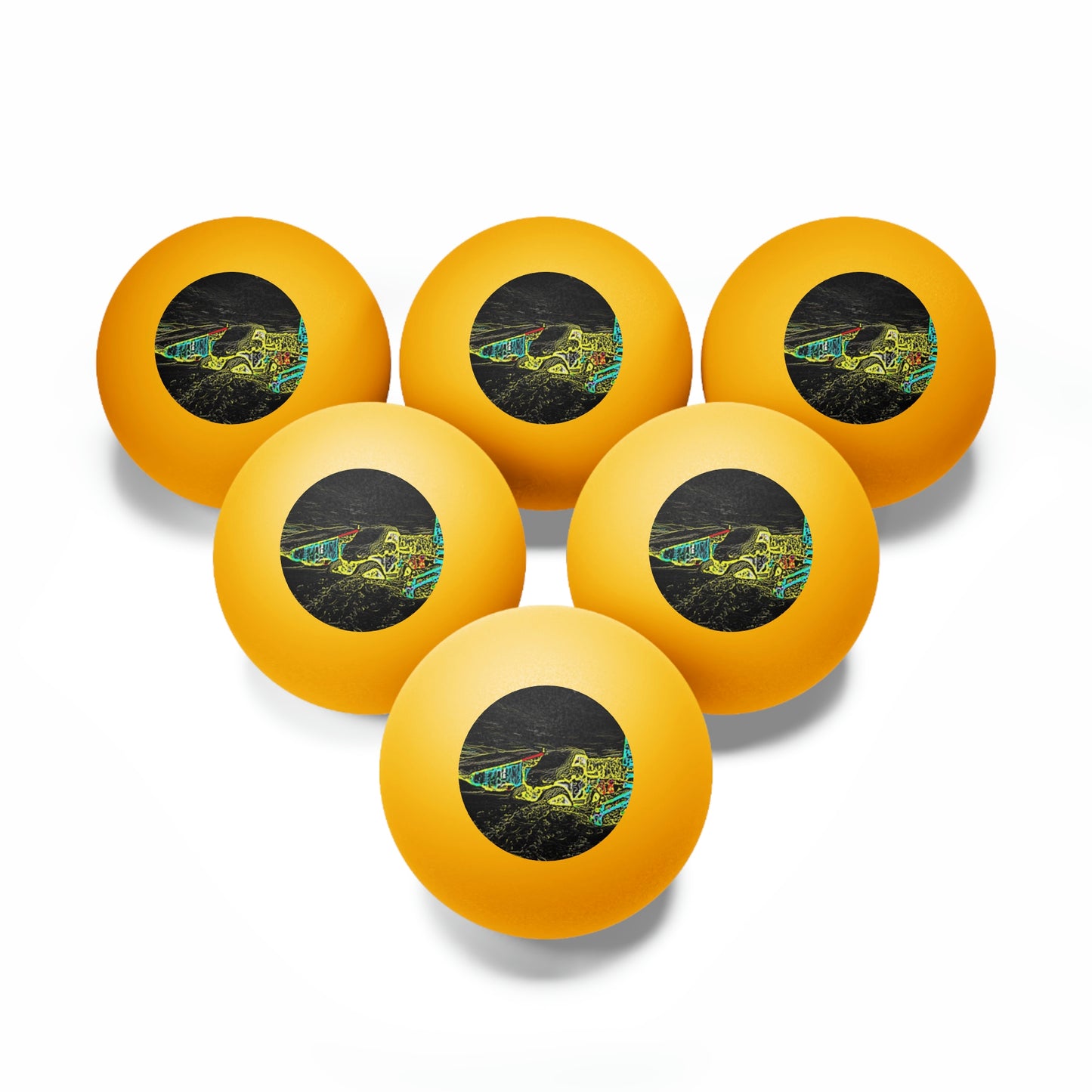 Ping Pong Balls, 6 pcs ... "Snow Vehicle In Snow Storm At-Rest" ... Circa 12Mar23 ... Central Idaho ... 18-Hours Rendering Time: Original Works ...