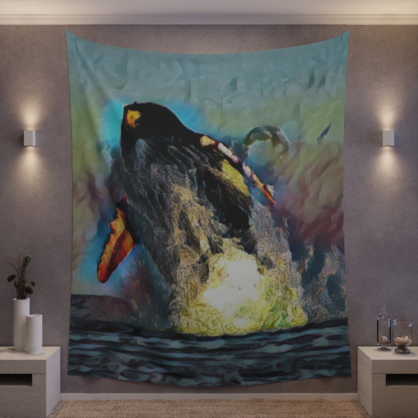 Printed Wall Tapestry ... An Extraordinary Humpback Breach ... 'With Explosive Energy' ... Family Archives (KPH) ... Circa: 21st Century. Maui, HI ... Original Works ...